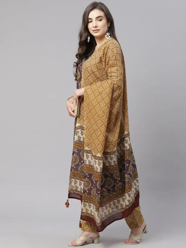 Divena Brown Cotton Straight Kurta Pant Set With Dupatta - Image 4