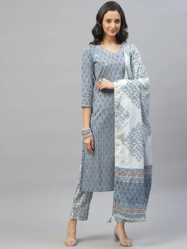Divena Turquoise Blue Cotton Floral Printed Kurta Pant set with Dupatta - Image 2
