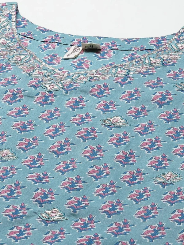 Divena Turquoise Blue Cotton Floral Printed Kurta Pant set with Dupatta - Image 5