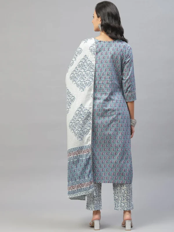 Divena Turquoise Blue Cotton Floral Printed Kurta Pant set with Dupatta - Image 4