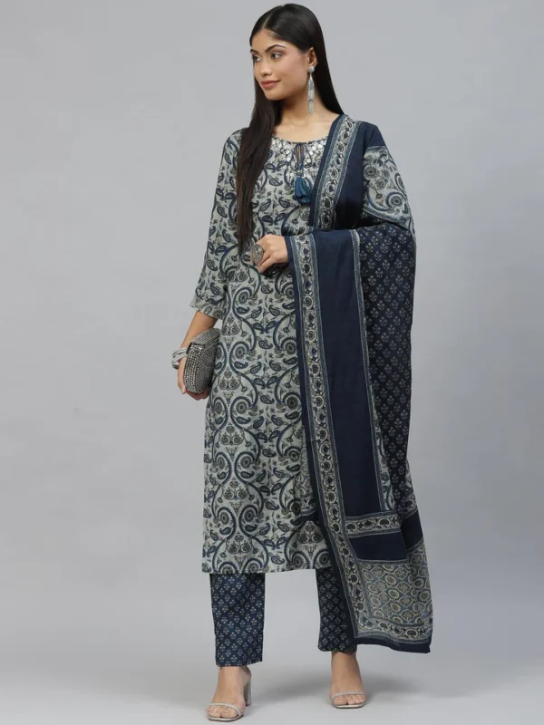 Divena Blue Ethnic Motif Muslin straight Kurta Pant Set with Dupatta - Image 2