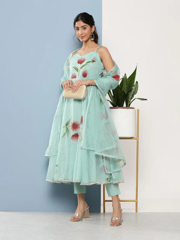 Divena Sky Blue Hand Painted Floral Organza Anarkali Kurta Pant Set with Dupatta - Image 2
