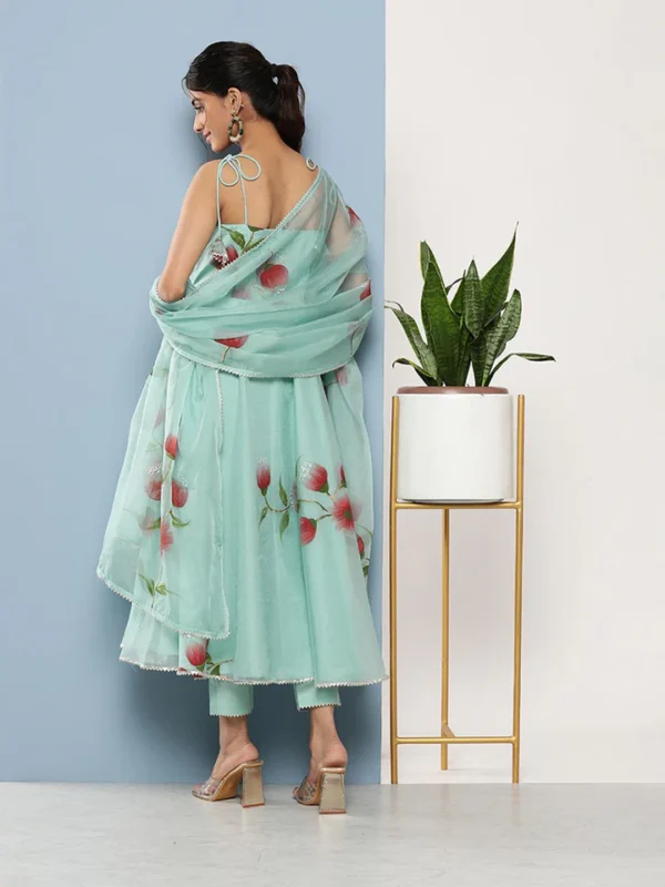 Divena Sky Blue Hand Painted Floral Organza Anarkali Kurta Pant Set with Dupatta - Image 4