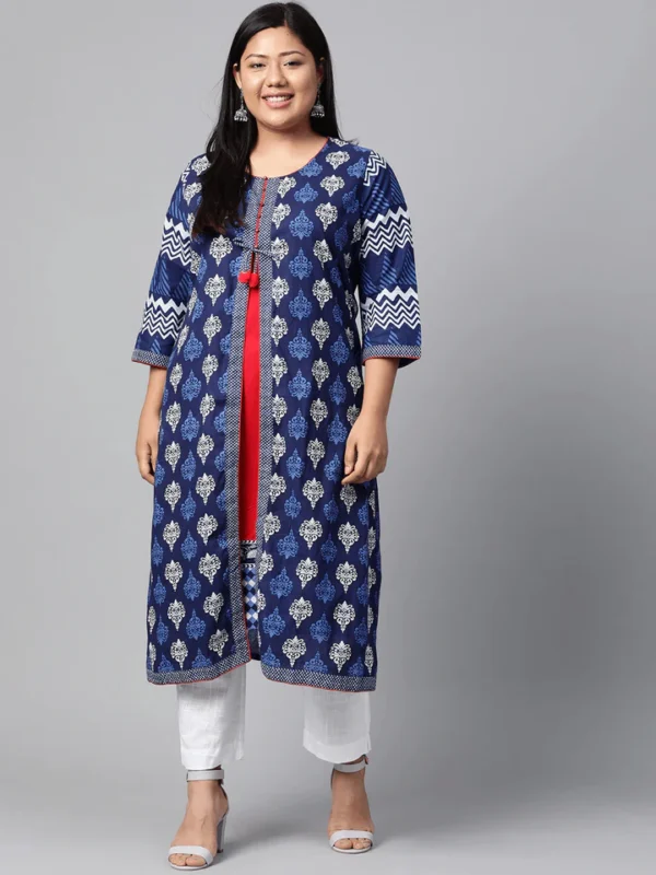 Plus Size Blue Cotton & Rayon A-line Kurti - Image 2