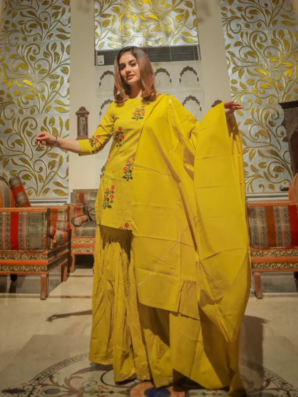 Divena lemon yellow cotton sharara kurta set with dupatta - Image 2