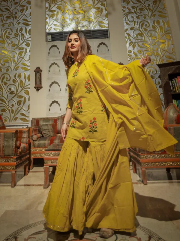 Divena lemon yellow cotton sharara kurta set with dupatta - Image 3