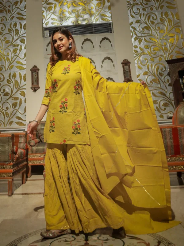 Divena lemon yellow cotton sharara kurta set with dupatta - Image 4