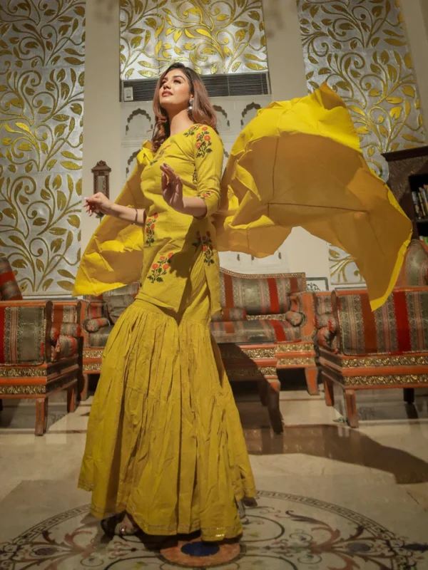 Divena lemon yellow cotton sharara kurta set with dupatta - Image 5
