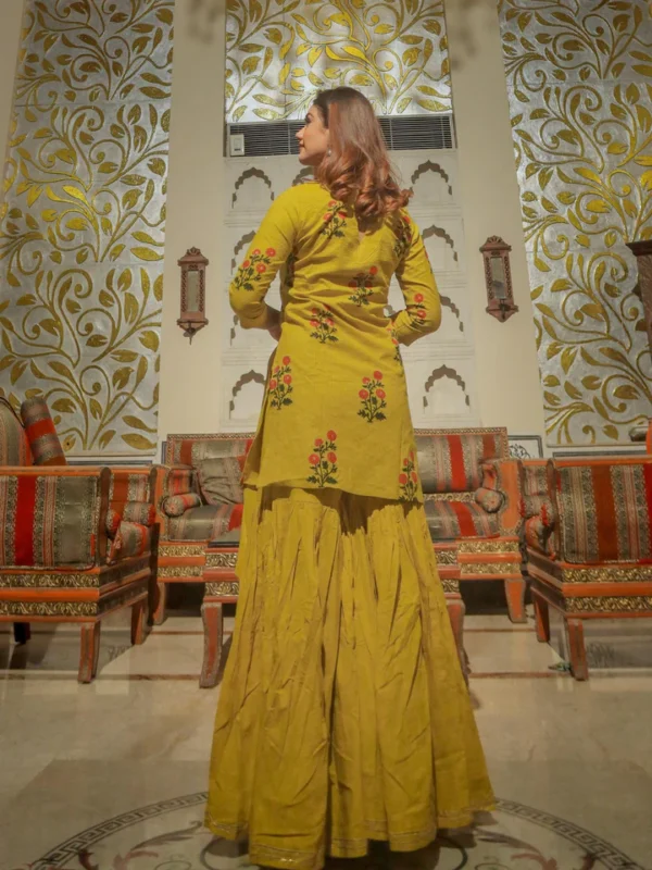 Divena lemon yellow cotton sharara kurta set with dupatta - Image 6