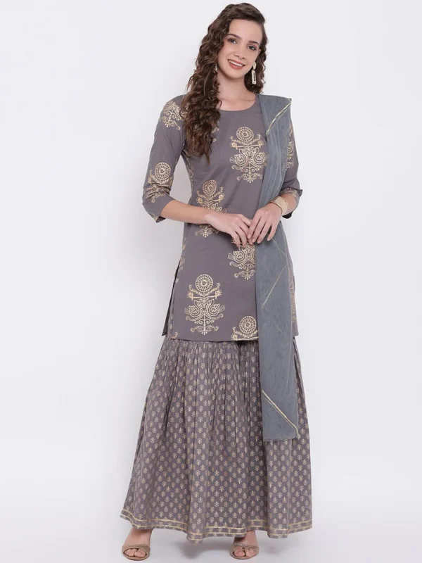 Divena Grey Foil Print Cotton Sharara Set with Net Dupatta - Image 2