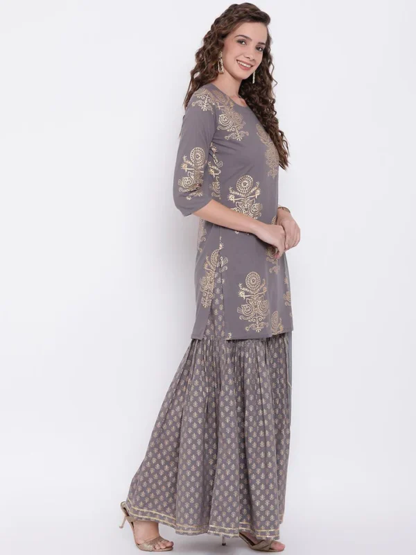 Divena Grey Foil Print Cotton Sharara Set with Net Dupatta - Image 3