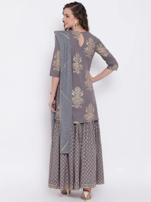 Divena Grey Foil Print Cotton Sharara Set with Net Dupatta - Image 4