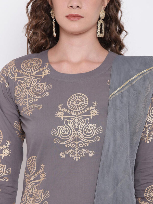 Divena Grey Foil Print Cotton Sharara Set with Net Dupatta - Image 5
