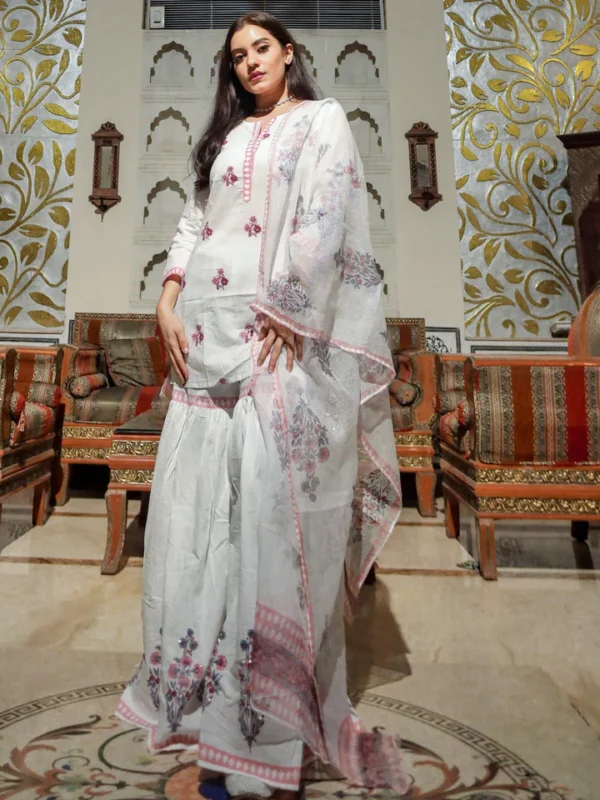 Divena White Cotton Kurti Sharara With Kota Dori Dupatta - Image 3