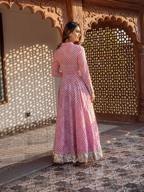 Divena Pink Leheriya Cotton Anarkali With Copper Lace - Image 7