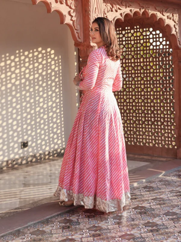 Divena Pink Leheriya Cotton Anarkali With Copper Lace - Image 4
