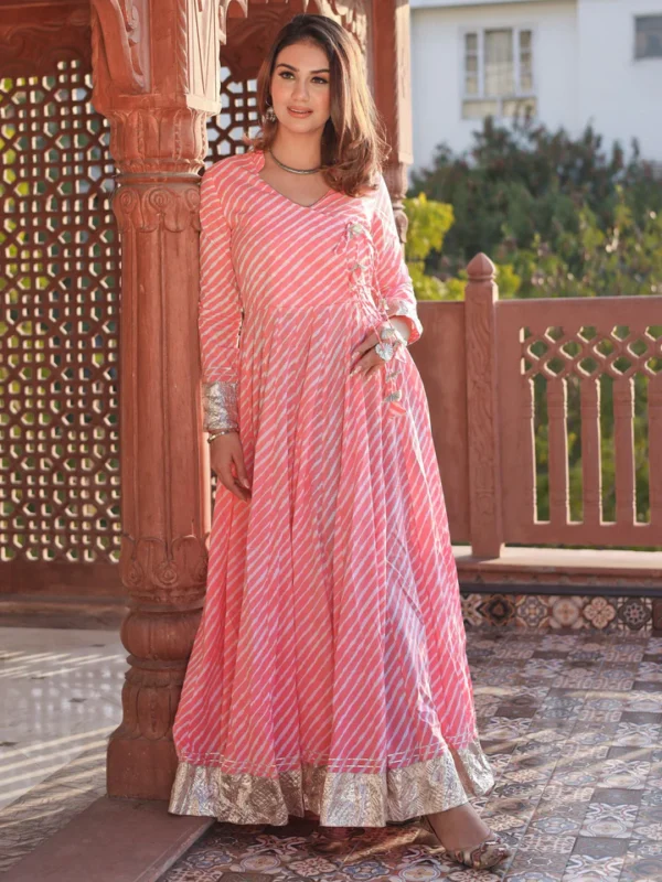Divena Pink Leheriya Cotton Anarkali With Copper Lace - Image 5