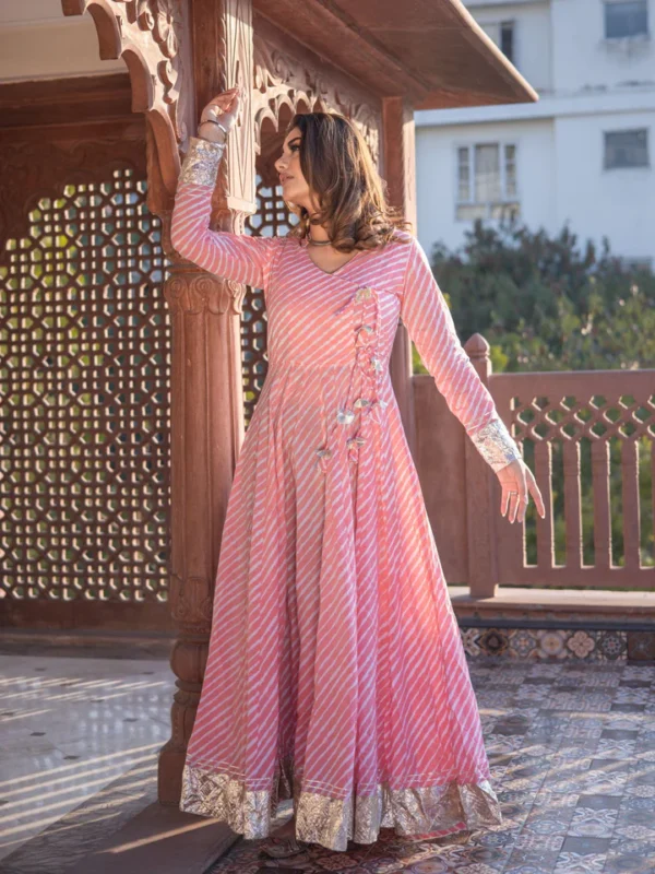 Divena Pink Leheriya Cotton Anarkali With Copper Lace - Image 6