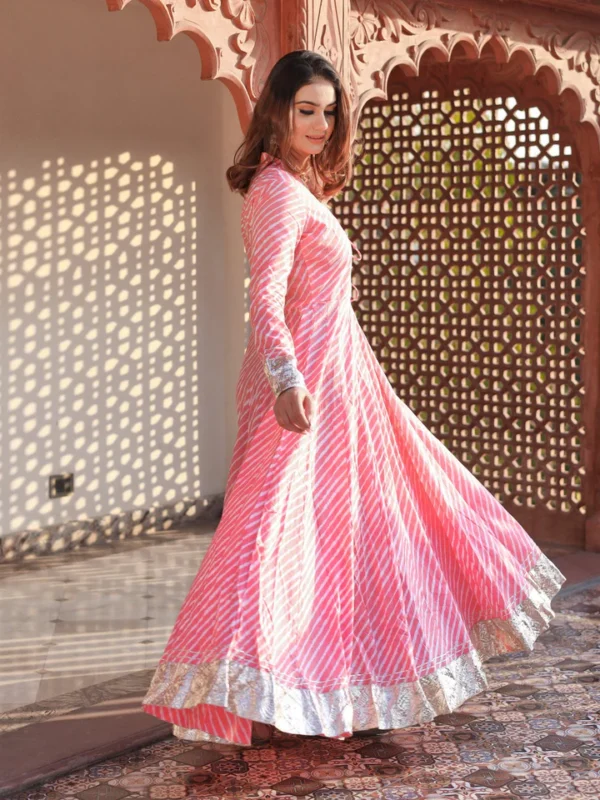 Divena Pink Leheriya Cotton Anarkali With Copper Lace - Image 2