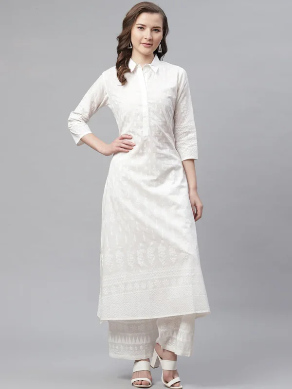 Divena White Khari Print Cotton Kurti With Palazzo Set - Image 3