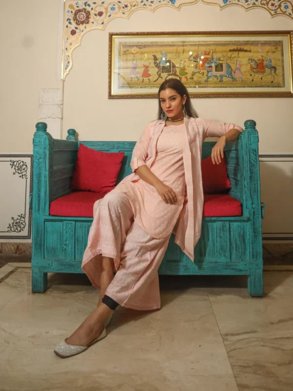 Divena Baby Pink Three Piece Palazzo Set With Jacket - Image 3