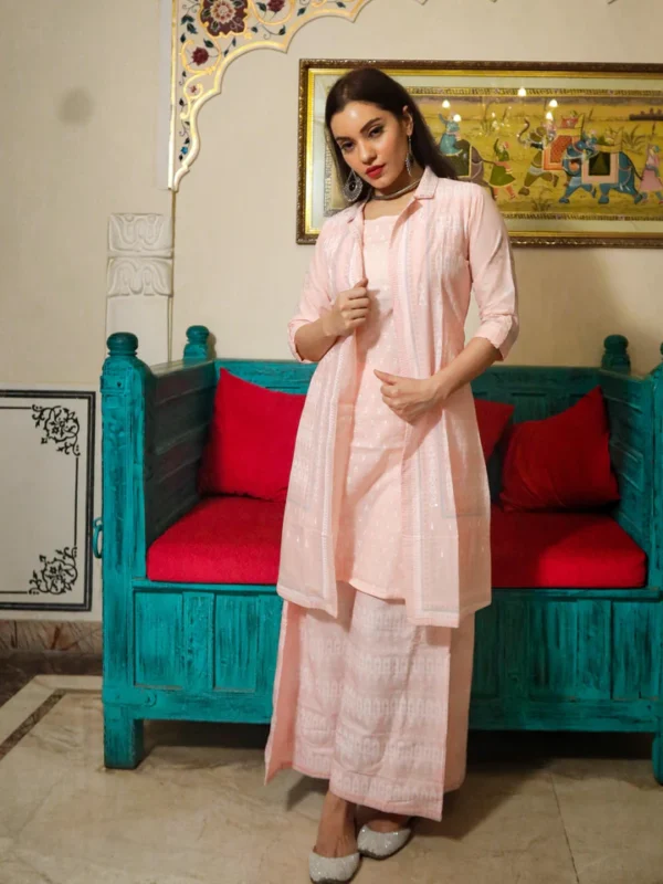 Divena Baby Pink Three Piece Palazzo Set With Jacket - Image 2
