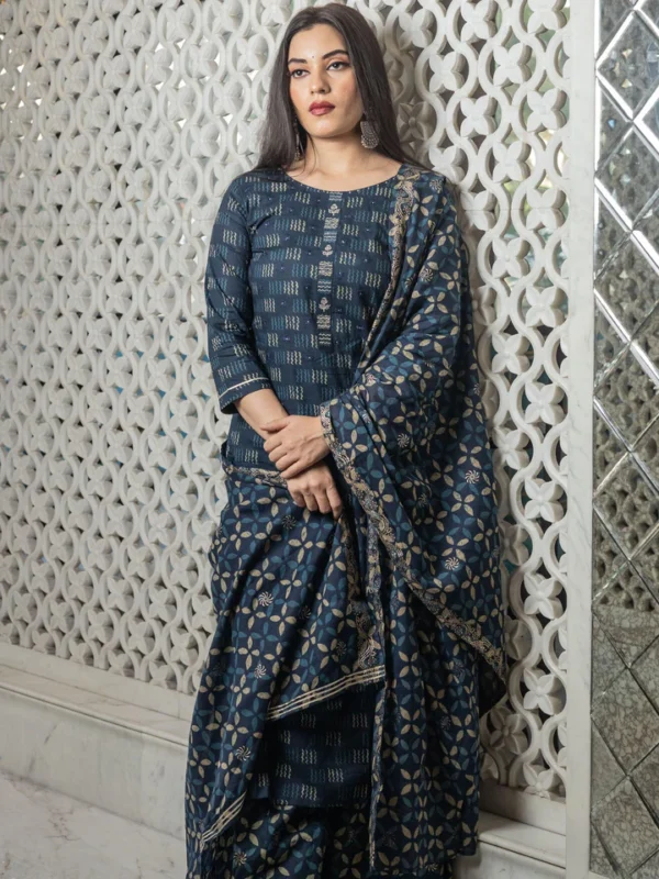 Divena Indigo Kurta Set With Palazzo and Dupatta - Image 2