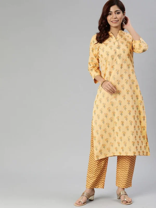Divena Yellow Flower Print Cotton Kurta Set - Image 2