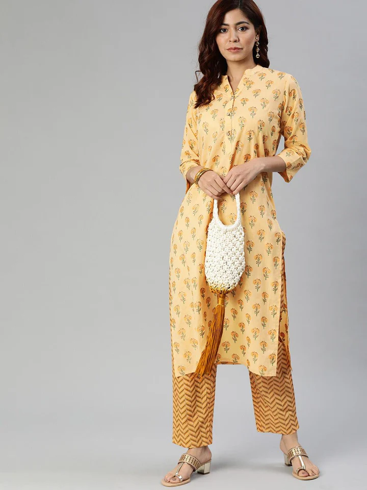 DK0555.6_720x Divena Yellow Flower Print Cotton Kurta Set - Image 1