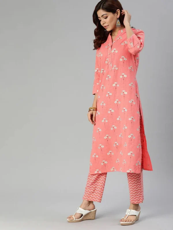 Divena Pink Flower Print Cotton Kurta Set - Image 3