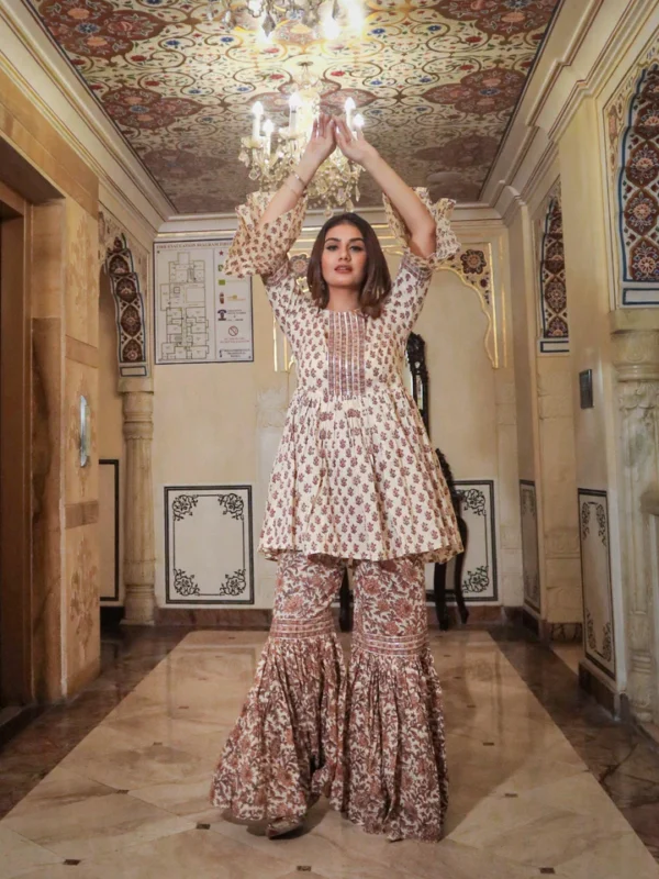 Divena Cream Printed Sharara Set - Image 4
