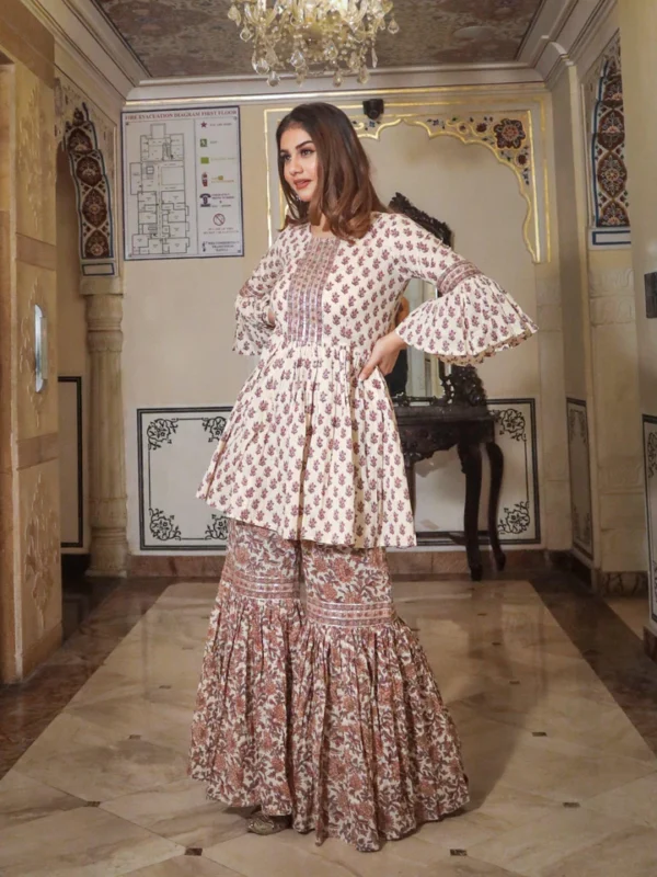 Divena Cream Printed Sharara Set - Image 6