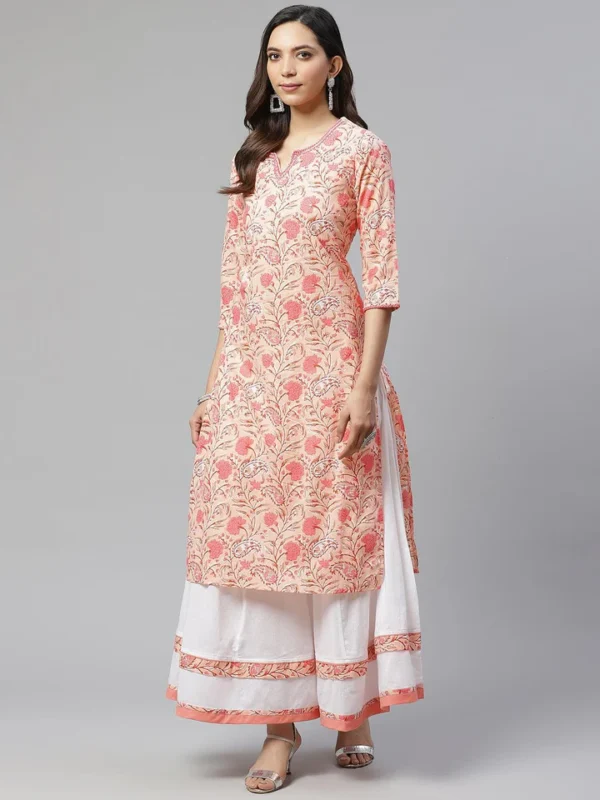 Divena Peach Cotton Kurta With Palazzo Set - Image 2