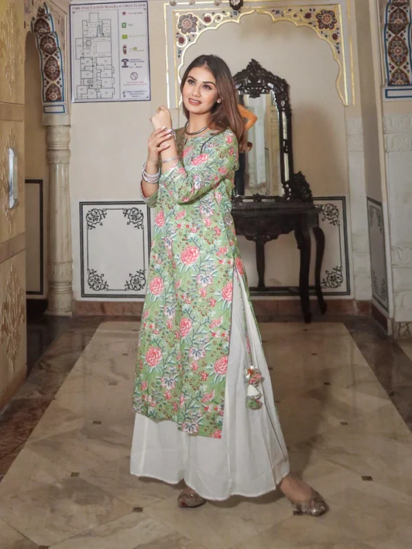 Divena Green Printed Cotton Kurta with Palazo Set - Image 2