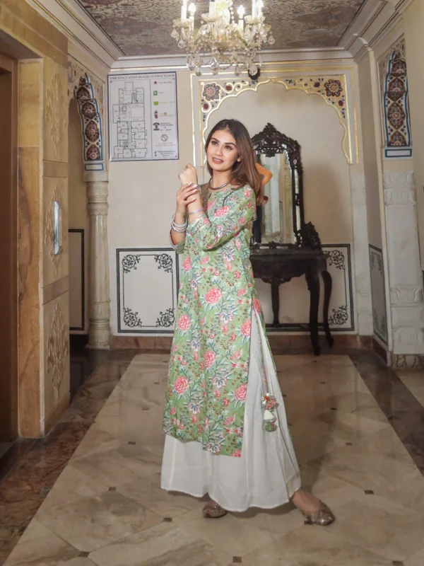 Divena Green Printed Cotton Kurta with Palazo Set - Image 3