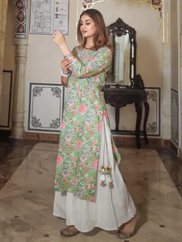 Divena Green Printed Cotton Kurta with Palazo Set - Image 5