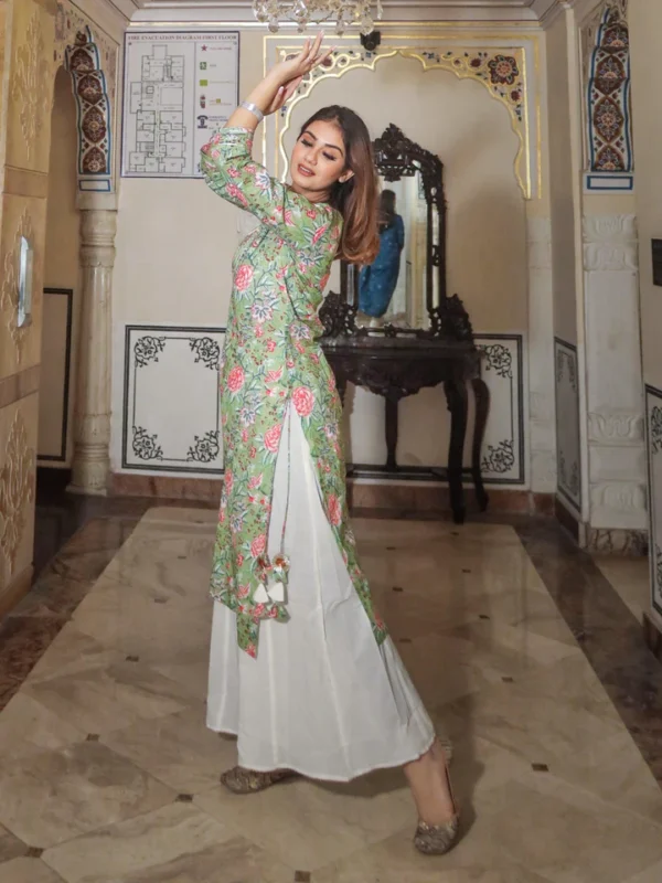 Divena Green Printed Cotton Kurta with Palazo Set - Image 6