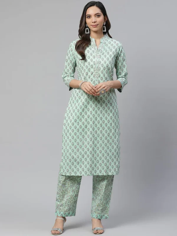Divena Sea Green Cotton Printed Kurti Pant Set - Image 2
