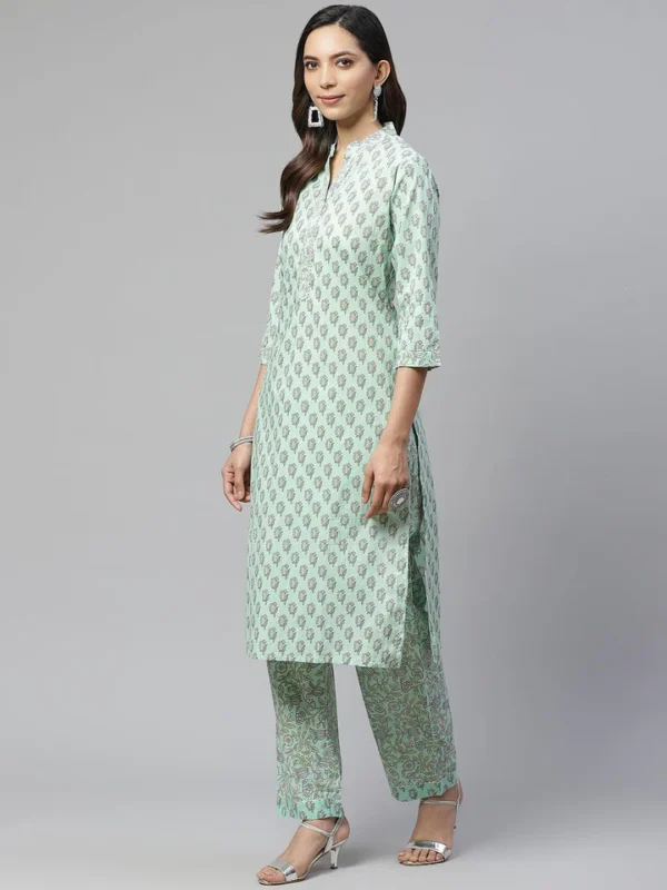 Divena Sea Green Cotton Printed Kurti Pant Set - Image 3