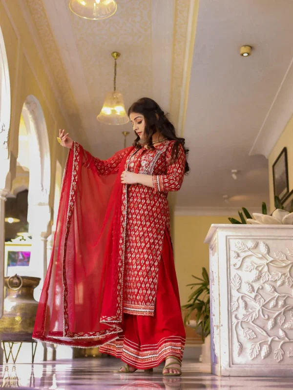 Divena maroon Cotton Kurta palazzo set with net dupatta - Image 5