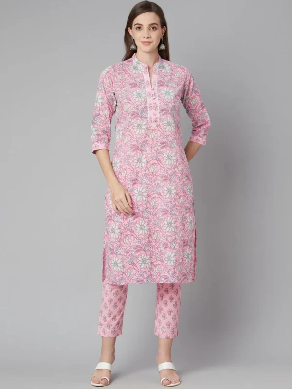 Divena Pink floral printed Cotton Kurta Pant set - Image 4