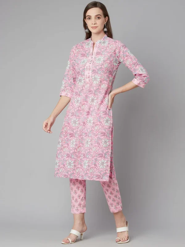 Divena Pink floral printed Cotton Kurta Pant set - Image 2