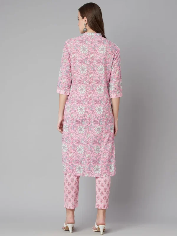Divena Pink floral printed Cotton Kurta Pant set - Image 3