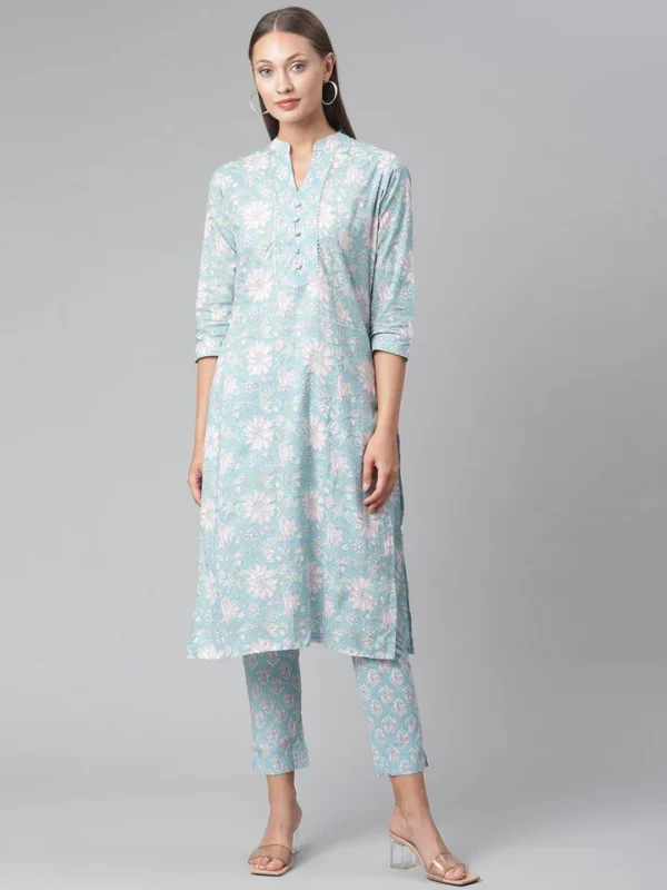 Divena Sky Blue Cotton kurta Pant set - Image 2