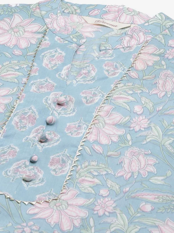 Divena Sky Blue Cotton kurta Pant set - Image 3