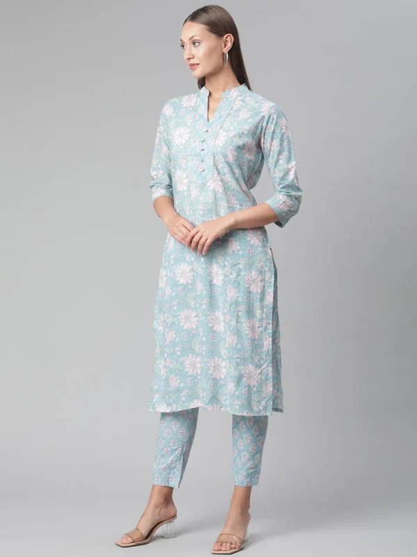 Divena Sky Blue Cotton kurta Pant set - Image 5