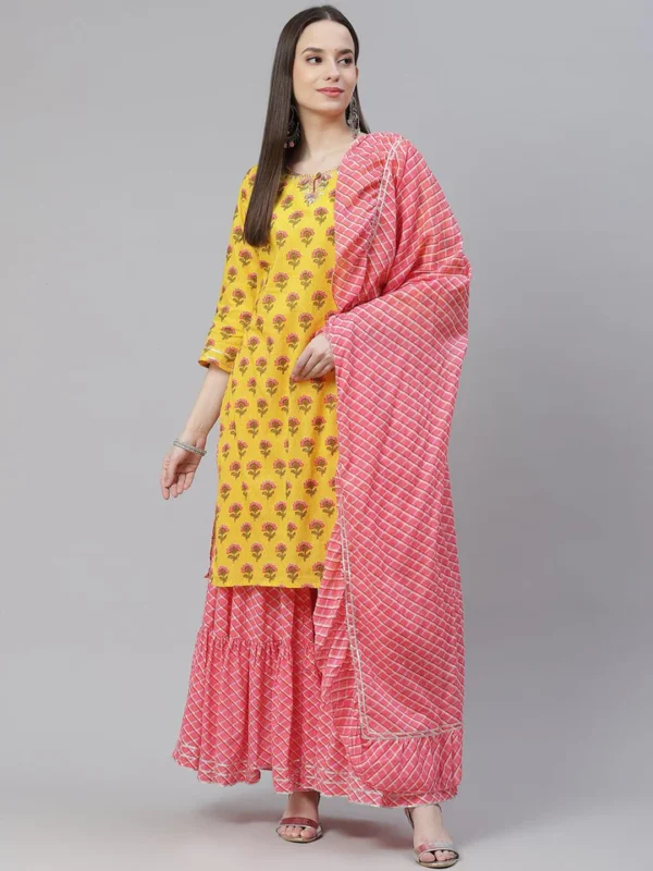 Divena Yellow Printed Kurta with Lahariya Sharara and Ruffled Dupatta Set - Image 2