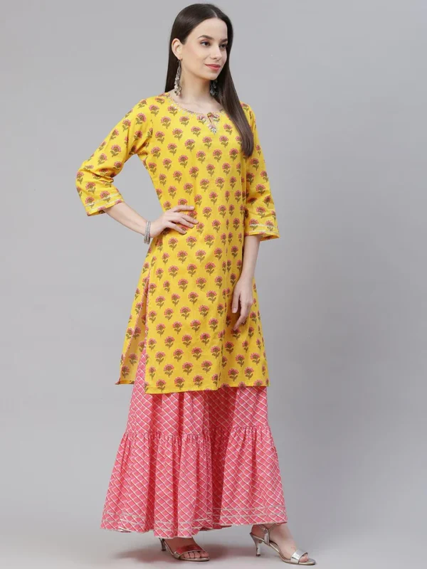 Divena Yellow Printed Kurta with Lahariya Sharara and Ruffled Dupatta Set - Image 3