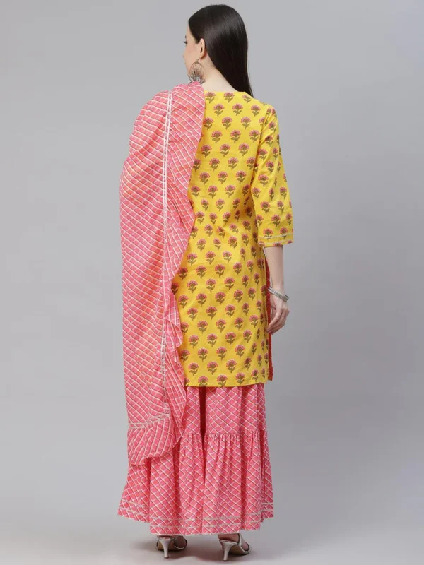 Divena Yellow Printed Kurta with Lahariya Sharara and Ruffled Dupatta Set - Image 4