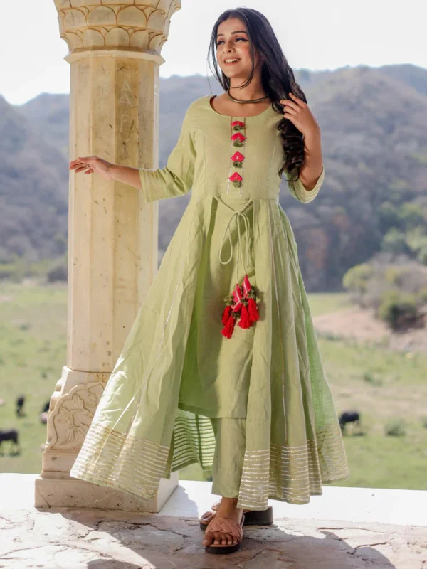 Divena Pastel Green Flaired Cotton kurta with pants - Image 2